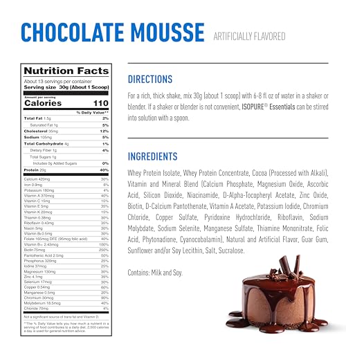 Isopure Essentials 100% Whey Protein Powder, Chocolate Mousse 13.75 OZ - image 5