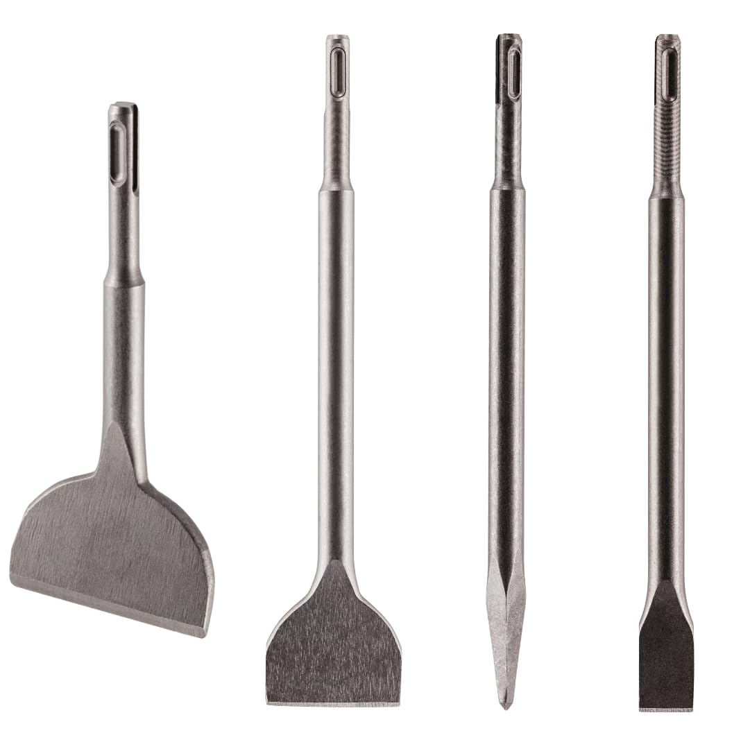 4 Pack, SDS Plus Chisel Bit Set. Moil Point, 20mm Wide, 50mm Wide & 75mm Angled Tile Chisel Bit for Use On Bricks Concrete