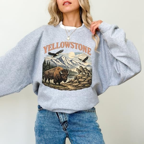 FITIN Unisex Yellowstone National Park Sweatshirt – Vintage Wildlife Graphic Crewneck – Bison & Wolves Nature Pullover