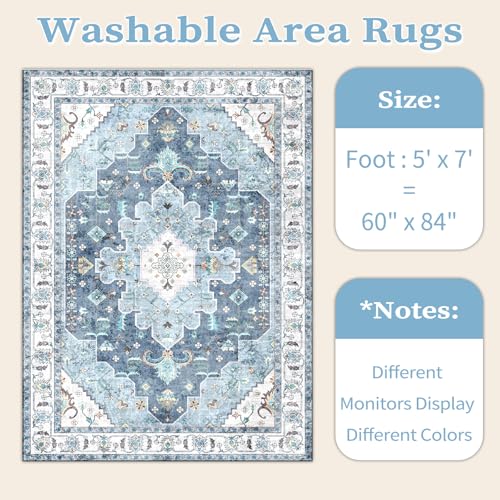 SERISSA Boho Area Rug 5x7 Blue, Washable Large Rugs for Living Room, Ultra Soft Non-Slip Bedroom Rug Print Distressed Vintage Oriental Farmhouse Carpet Rug for Dining Room Dorm Office Home Decor