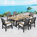 7 Piece HDPE Outdoor Dining Set for 6, 64” All Weather Wood-grain Dining Table, 6 Wicker Rattan Chairs with 3.2” Waterproof Cushion, Patio Table and Chairs Set for Backyard and Deck, Black