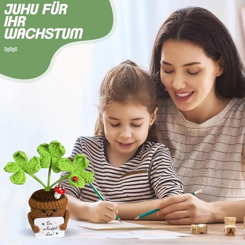 Pocket Hug Positive Pflanze - Vierblättriges Häkel Blumentopf Puppen, Glücksbringer Prüfung, Mutmacher Geschenk Einschulung Glücksbringer Schulanfang, Gute Besserung Geschenke, Danke Geschenk Lehrerin