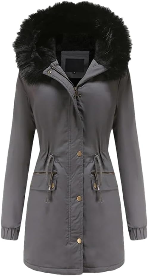 Women Hooded Parka Jacket Fleece Warm Long Coat Fur Collar Thickened Pocket Cotton Outerwear