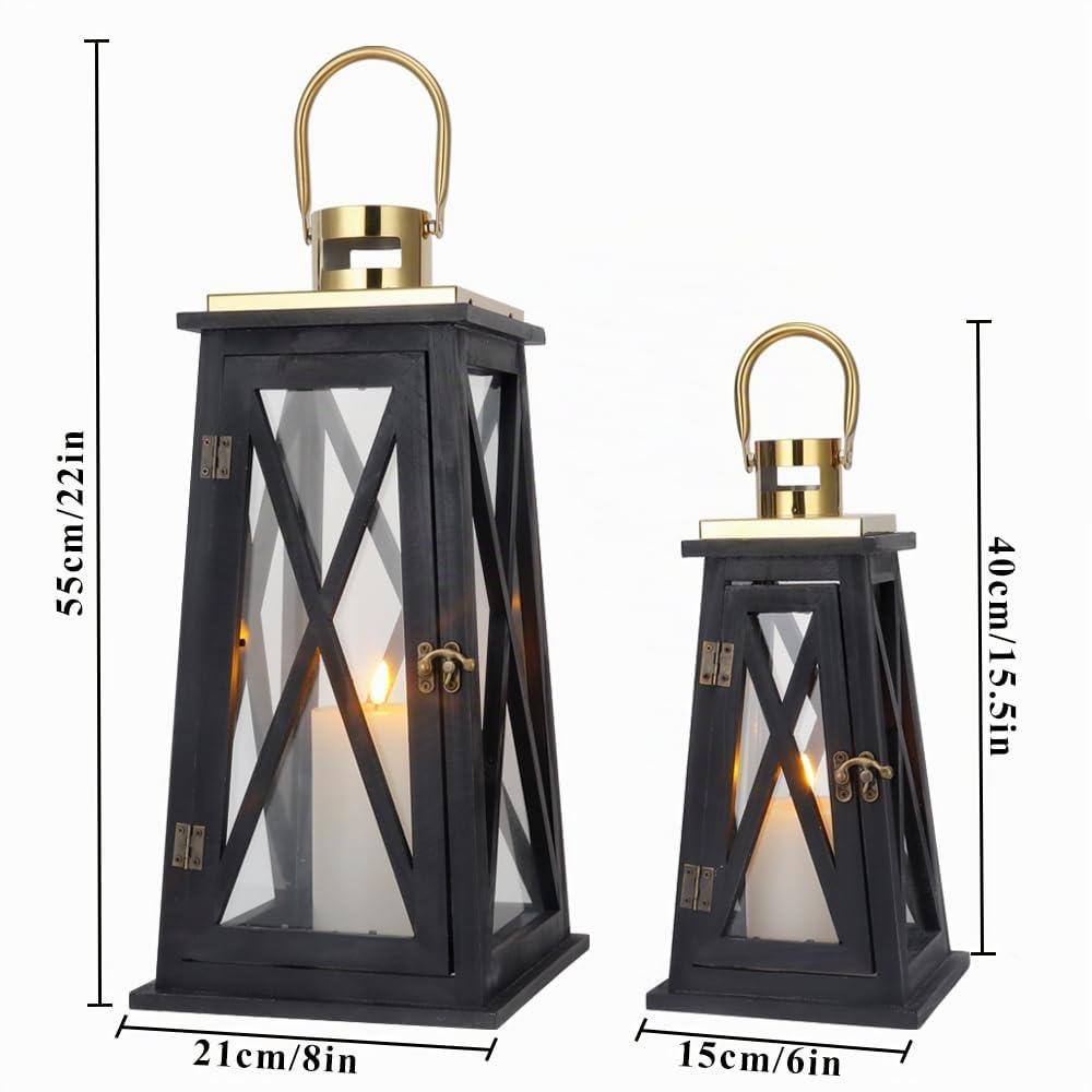 TRIROCKS Set de 2 Lanternes en Bois Décoratives 55 cm & 40 cm Haut, Porte-Bougies Rustiques en Métal avec Verre Trempé, Parfaites pour Noël, Patio, Mariage, Intérieur/Extérieur (Noir Trapézoïdal)
