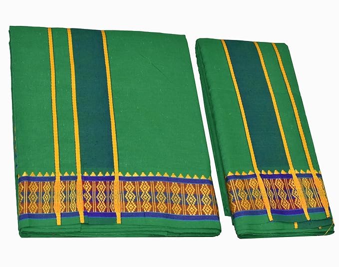 Men's Panchakacham Cotton Dhoti with Angavasthram, Zari Border Traditional Ethnic Wear Set, 9 x 5 Size, 4.0 Meter Dhoti & 2.25 Meter Angavasthram, White with Green Border-image-31