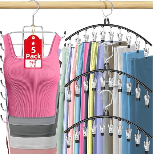 Besslly 5 Pack Legging Organizer for Closet Hanging, 3 Pants Leggings Hangers with 30 Clips, 1 Tank Top Hanger, 1 Metal Magic Space Saving Hangers Closet Organizers and Storage for Pants Skirts Bra