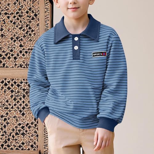 Boys Polo Shirts for Toddler Long Sleeve Striped Plain Fleece Collared Golf Shirt School Uniform Fall Tops 2-14T2