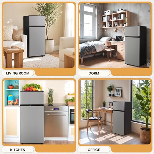 4.4 Cu.Ft Mini Fridge with Freezer, Small Fridge with 2 Doors for Office, Kitchen, Dorm and Bedroom, Mini Refrigerator with Adjustable Shelves (Silver)