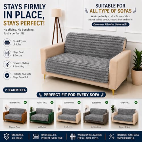 Image of Homerz Premium Rabbit Fur Sofa Cover with Anti-Skid Backing, Soft Plush Fabric Sofa Protector for Living Room Furniture (Grey, 2 Seater, Seat Cover with Backrest)
