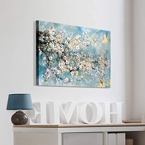 Artistic Path Abstract Canvas Painting Flower Picture: Teal Floral Golden Foil Wall Art On Canvas For Office (36''W X 24''H,Multi-Sized) #TOP2