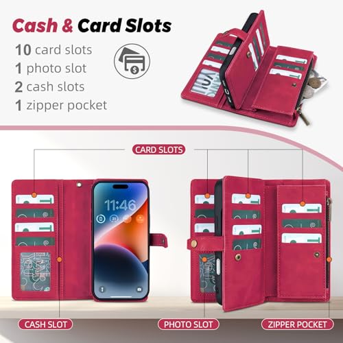 TwoHead Wallet Case for iPhone 17 Pro Max,with 11 Card Holders,Wine Red by TwoHead - Used condition - Image 3