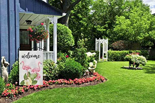 Aoyego Welcome Flamingo Garden Flag Small Vertical Double Sided 12.5 X 18 Inch Tropical Flowers Summer Spring Pink And Green Leaf Burlap Yard Outdoor Decor #TOP5