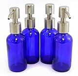 Cobalt Blue 4-Ounce Glass Bottles with Stainless Steel Pump Nozzles (4 Pack); Empty Bottles Ideal for Lotion & Liquid Soap