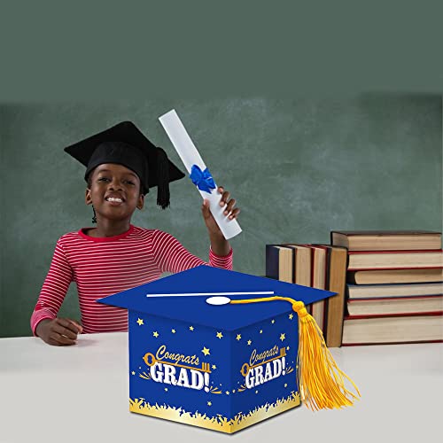 Image of 2026 Graduation Party Card Box, Blue Gold Congrats Cap Card Holder Box with Tassel for 2026 Graduation Party Decoration