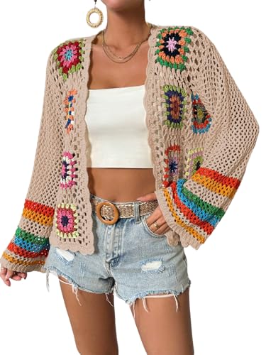 Image of SHENHE Women's Floral Crochet Cardigan Hollow Out Open Front Long Sleeve Cardigan Sweater