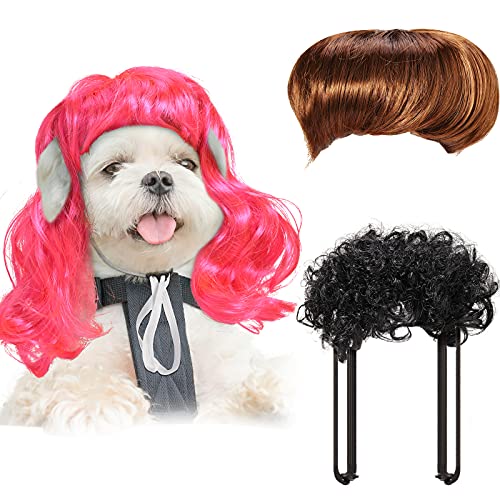 3 Pieces Halloween Pet Wigs Cats and Dogs Wigs Funny Cosplay Pet Headdress Pet Costumes Red Big Wave Wig with Adjustable Elastic Band Funny Dog Wig Accessories for Small Medium Large Pets