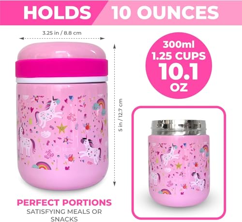Image of Bento Lunch Box for Kids with Thermo Food Jar for Hot Food Soup, Insulated Lunch Bag and Ice Cold Pack Set, Stainless Steel Lunch Thermal, Girls Container Boxes with 4 Compartments, Pink Unicorn