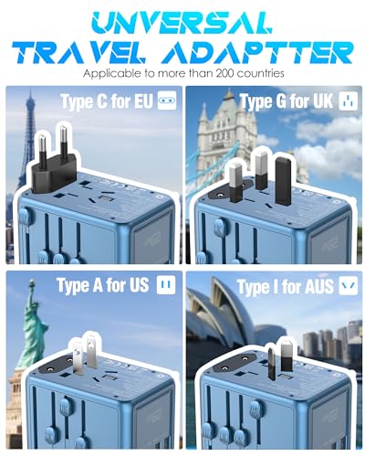 Image of Universal Travel Adapter with 5 USB C /A Ports 30W Fast Charging, 2500W AC Outlet, International Power Adapter for Europe UK Japan, Travel Charger for Phone Laptop, 200+ Countries 10A Safety Fuse