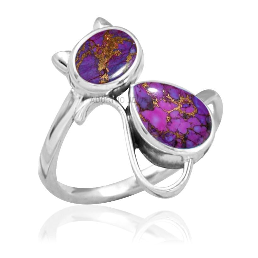 Sterling Silver 925 Ring For Womens Natural Purple Copper Turquoise Ring Sterling Silver Engagement Ring Pear Gemstone Cat Ring
