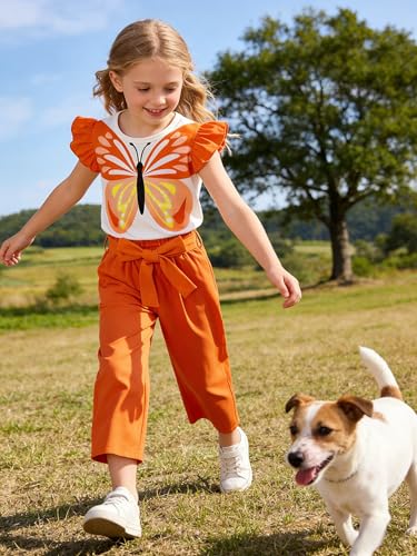 Image of Toddler Kid Girl Clothes Casual Ruffle Sleeve Floral Printed Top Solid Pants with Belt 3PC Outfit Set