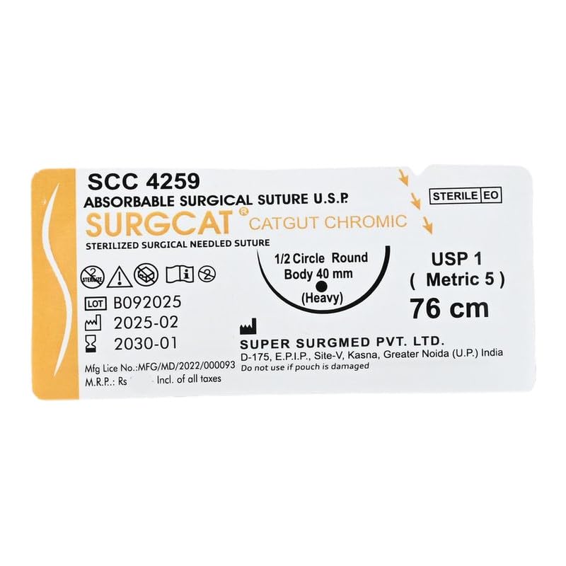 Image of (SCC 4259),Catgut Chromic Absorbable Surgical Suture, USP 1 (Metric 5),Length 76 cm,1 /2 Circle Round Body 40 mm Heavy (Pack of 12 Sutures)