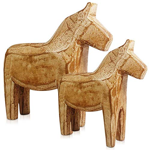 Reoean Set of 2 Vintage Unfinished Wooden Dala Horse Figurines (DIY Color Painting) - Brown Wooden Horse Statue
