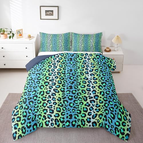 Image of Feelyou Leopard Bedding Set Toddler Size Blue Green Cheetah Print Comforter Safari Comforter Set for Kids Boys Girls Animal Fur Print Duvet Set Kids Room Decor with 1 Pillow Case