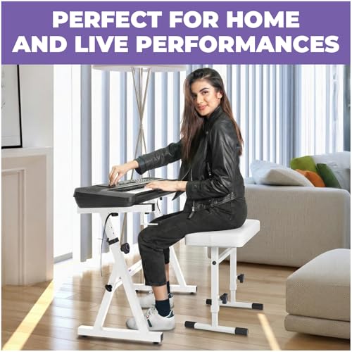 Image of Liquid Stands Portable Heavy Duty Digital Piano Stand & Bench Set - Adjustable Keyboard Music Stand & Seat for 54-88 Key Electric Pianos (All White)