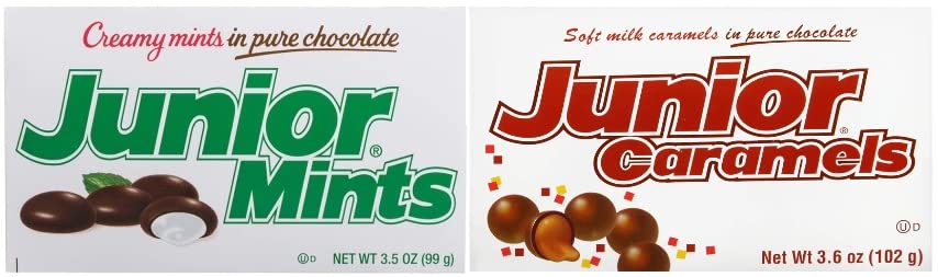Junior Mints Variety, Original Junior Mints and Junior Caramels, 3.5 Ounce (Pack of 6) - with Two Make Your Day Lollipops