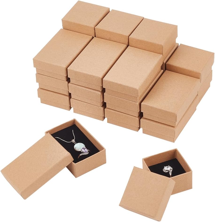 NBEADS 24 Pcs 2 Styles Cardboard Jewelry Boxes, Rectangle Jewelry Gift Boxes with Lid Square Paper Present Boxes with Sponge Inside for Jewelry Packaging Necklace Ring Earrings Storage, Tan