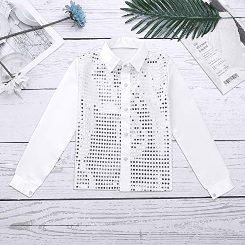Jeatha Kids Boys Shiny Sequins Lapel Long Sleeve Shirt Hip Hop Jazz Latin Dance Stage Performance Costume White 5-6 #TOP5