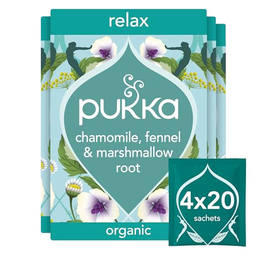 Pukka Herbs | Relax Organic Herbal Tea Box | Tea Infusion With Chamomile, Cardamon and Fennel | Perfect For Calming | 4 Packs | 80 Tea Bags