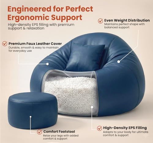 Image of Sattva Classic 4XL Sofa Style Bean Bag Chair with Beans Filled | Faux Leather Bin Bags Sofa Set with Footstool & Cushion for Adults | Beam Bag, Large Beanbags for Home & Office - Navy Blue