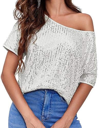 JASAMBAC Sequin Off Shoulder Top Loose Fit Short Sleeve Glitter Sparkle Disco Bling Shirts Silver
