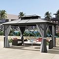 DWVO 10x12ft Gazebo Hardtop Double Roof Polycarbonate Canopy Outdoor with Netting and Shaded Curtains, Aluminum Frame Garden Tent for Patio, Backyard, Deck and Lawns, Gray
