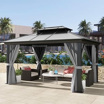 DWVO 10x12ft Gazebo Hardtop Double Roof Polycarbonate Canopy Outdoor with Netting and Shaded Curtains, Aluminum Frame Garden Tent for Patio, Backyard, Deck and Lawns, Gray