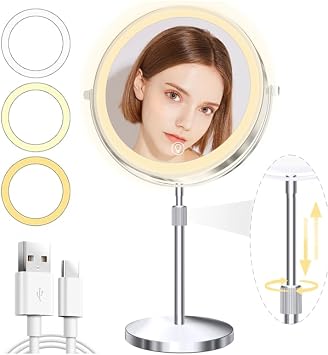 Unimiro 9inch Makeup Mirror with Lights, 1x/20x 5000mAh Makeup Mirrors with Light and Magnification, 360 Rotate Lighted Makeup Mirror with Magnification, 3 Color, 80 LEDs, Stepless Dimmable