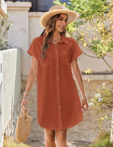 Image of Zeagoo Summer Dresses for Women 2025 Cotton Button Down Short Sleeve Tshirt Dresses Casual Mini Beach Dress