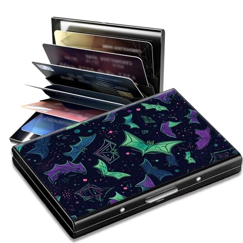 Metal Credit Card Holder RFID Blocking, Gothic Rainbow Bats Slim Mini Aluminum Wallet Hard Case for Men & Women, Small Business Card Case Card Organizer Case Holds 12 Cards & Bills