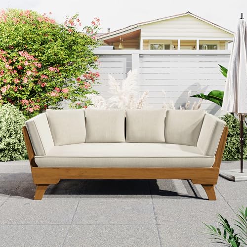 Merax Outdoor Patio Daybed Sofa,3-Seat Sofa with Foldable Arm 4 Back Pillows,Teak Acacia Wood Frame Beige Removable Cushion,Teak+ Beige