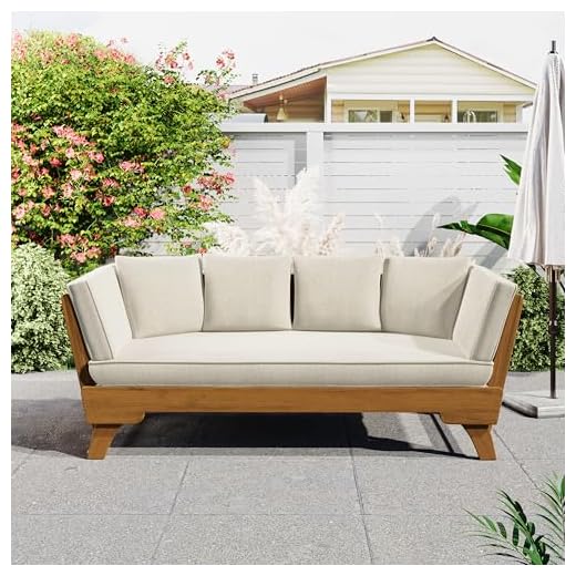 Merax Outdoor Patio Daybed Sofa,3-Seat Sofa with Foldable Arm 4 Back Pillows,Teak Acacia Wood Frame Beige Removable Cushion,Teak+ Beige