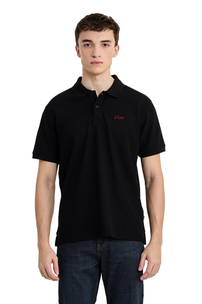 snitch Men Polo T-Shirt | Textured Pique Knit Solid with Contrast Chest Logo Embroidery & Button Half Placket | 100% Cotton Regular Fit Casual Wear-picture-12