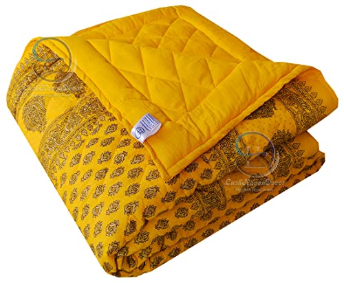 Image of Jaipuri Razai Single Bed Gold Print with Computerized Quilting Use as Soft and Breathable Cotton Comforter Quilt Rajai Blanket Dohar Size 55X85 inch Yellow Pack of 1