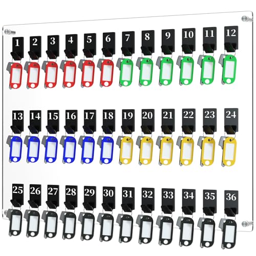 36 Hooks Acrylic Key Board with Numbers, Wall Mount Key Holder Rack with 36 Tags, Key Storage Organization, Clear Hanging Board for Garage, Car Dealer, Office, Home, Hotel, Real Estate, School