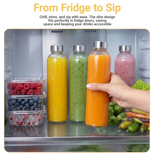 Image of Luxfuel 24 oz Glass Water Bottles with Lids, 6 Pack Reusable Juice Bottle with Stainless Steel Cap & Straw, 100% Leak Proof, BPA Free, Clear Glass Bottles for Juicing, Milk, Smoothies, Fridge Storage