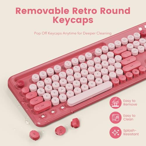 Image of Wireless Keyboard and Mouse Combo, Retro Round Keycaps, Full-Size Stylish Typewriter Keyboard with Large Phone /Tablet Holder, 3-Level DPI Ergonomic Mouse, 2.4GHz Cordless for Windows PC, Rose Pink