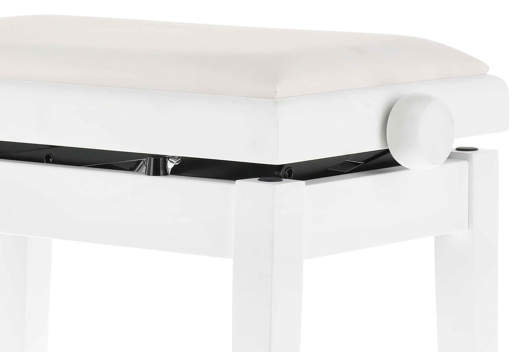 Gewa panca per pianoforte Deluxe Autolift con regolazione dell'altezza confortevole, legno massello, bianco opaco, rivestimento del sedile in vinile bianco