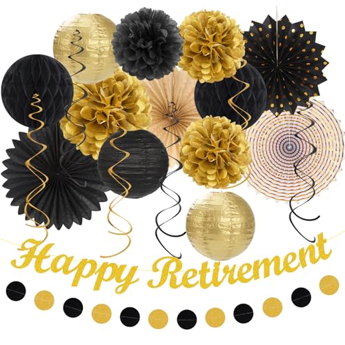 Image of Black Gold Happy Retirement Party Decorations Banner Women Men Huglony | 21pcs Retiree Farewell Banner,Streamers,Paper Lanterns,Pom Poms Fans,Work Teacher Retirement Supplies Backdrop