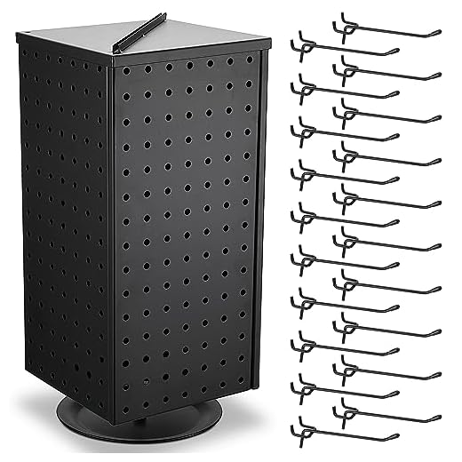 Wesiti Pegboard Metal Rotating Display Stand with 20 Hooks 4 Sided Spinning Peg Board Displays 17" Jewelry Earring Display Stands Craft Keychain Rack Necklace Holder for Retail Table Counter (Black)