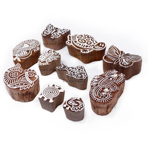 Image of Set of 10 | Wooden Animal Shape Printing Stamps Design Blocks for Baren Printing Stamps | Scrapbooking | Fabric Designing | Art Craft | Pottery Craft | Project Making